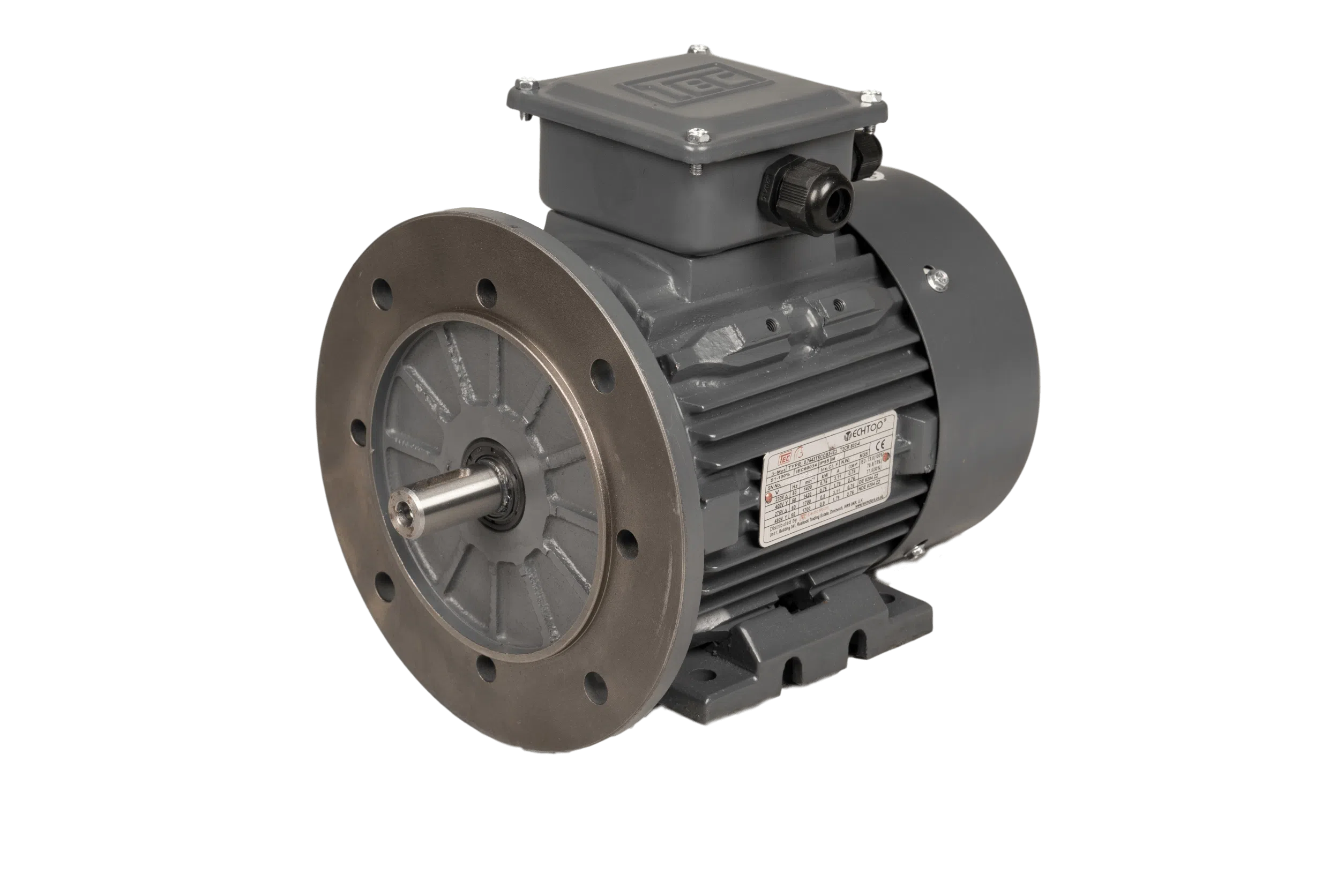 TEC Three Phase Electric Motor, 0.75KW, (1HP), Flange Mounted(B5), 3000rpm(2 pole), IE2 efficiency, 80M Frame, Cast Iron Body