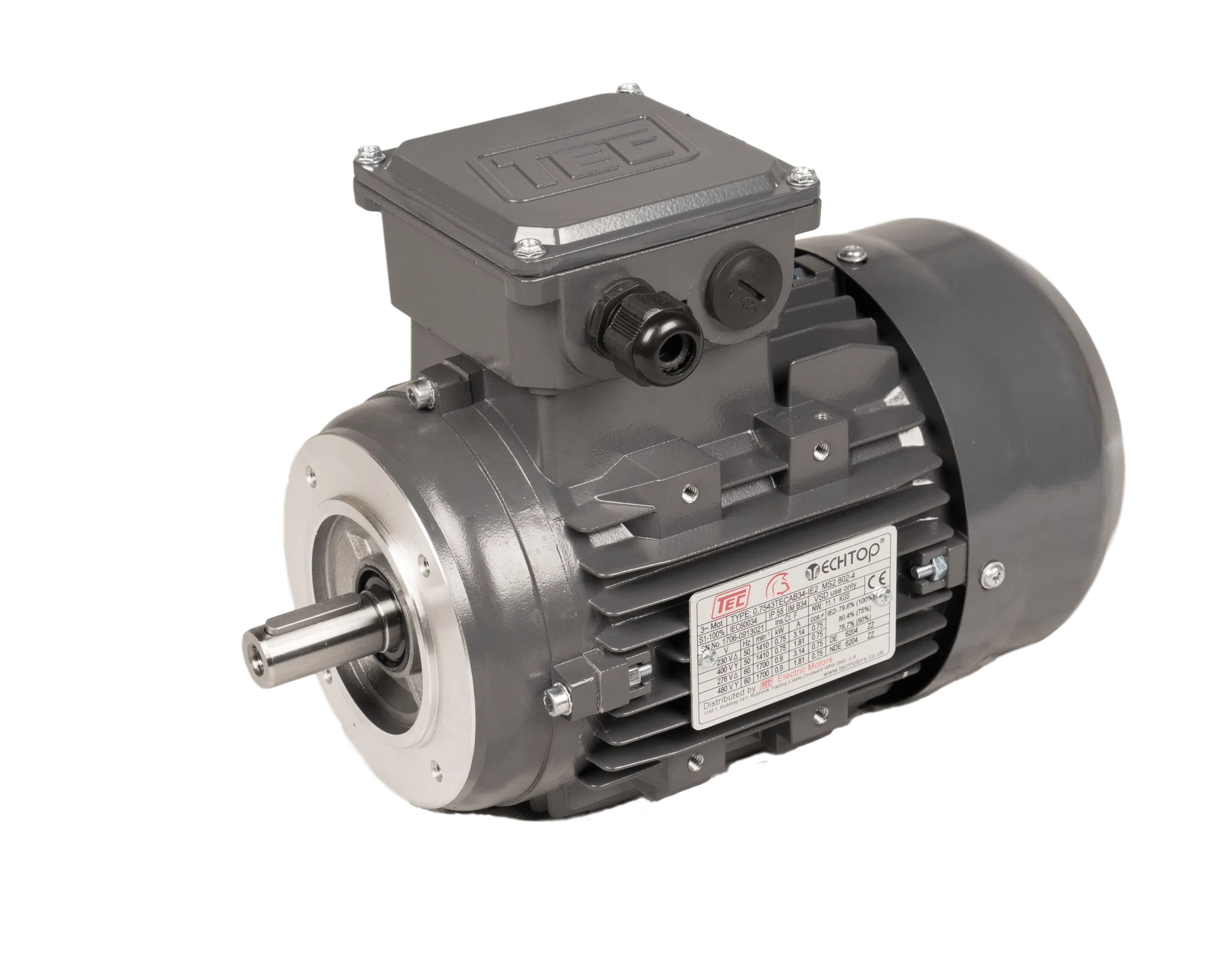 TEC Three Phase Electric Motor, 0.09KW, (1/8HP), Flange Mounted(B14), 1500rpm(4 pole), IE1 efficiency, 56M Frame, Aluminium Body