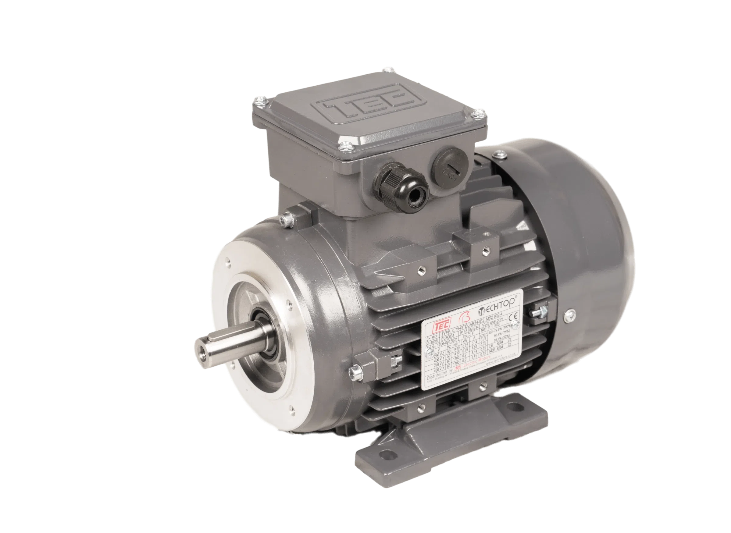 TEC Three Phase Electric Motor, 0.09KW, (1/8HP), Foot & Flange Mounted(B34), 1500rpm(4 pole), IE1 efficiency, 56M Frame, Aluminium Body