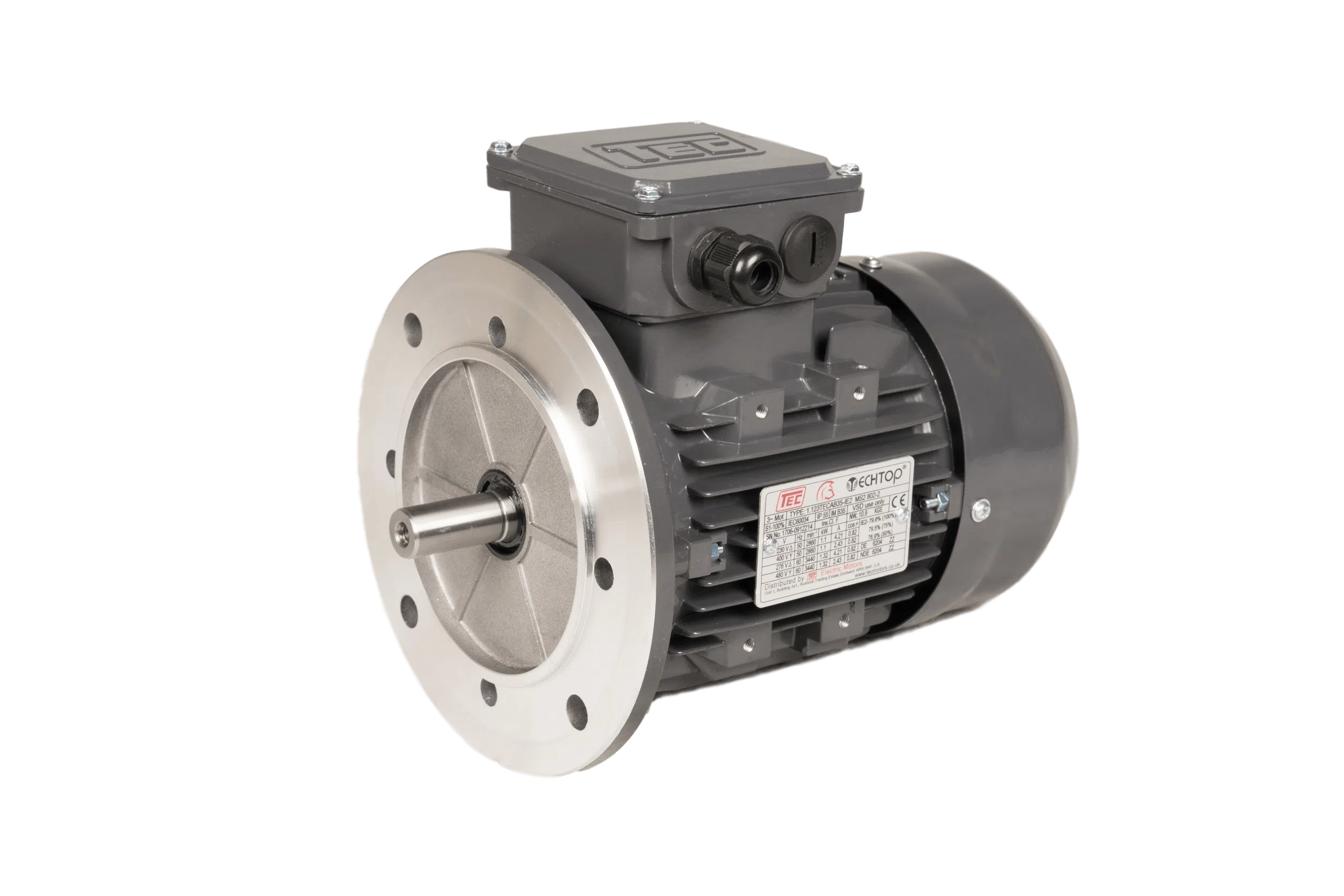 TEC Three Phase Electric Motor, 0.09KW, (1/8HP), Flange Mounted(B5), 1500rpm(4 pole), IE1 efficiency, 56M Frame, Aluminium Body