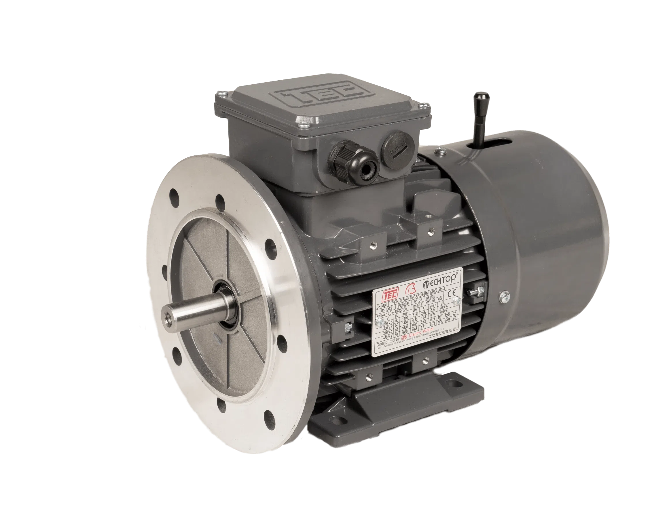 TEC Three Phase Electric Brake Motor, 0.18KW, (1/4HP), Flange Mounted(B5), 3000rpm(2 pole), IE1 efficiency, 63 Frame, Aluminium Body