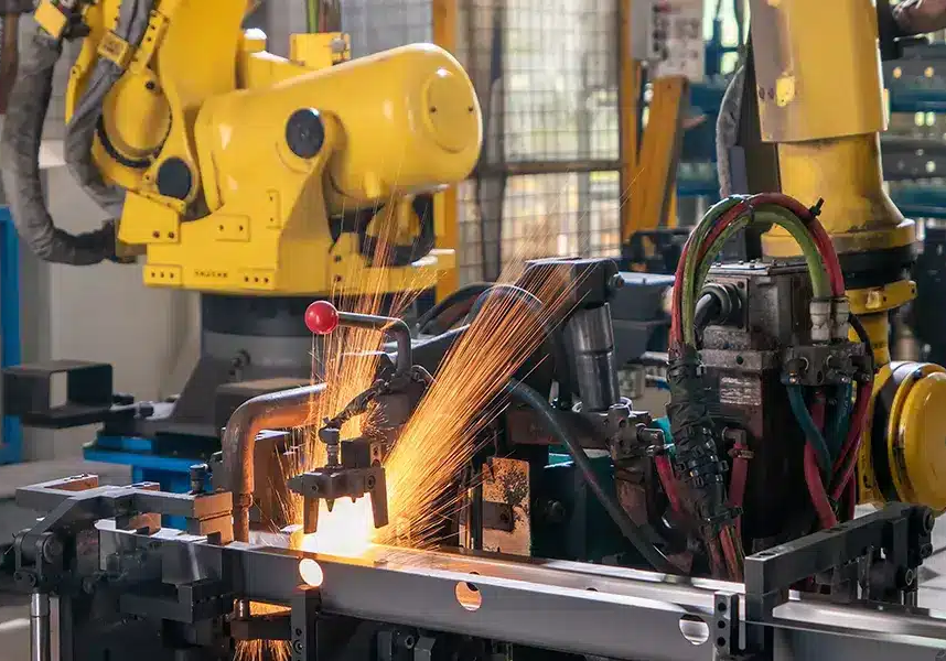 Leading TEC Motor Suppliers Industrial welding robot in a factory welding a metal frame, sparks flying from the weld.