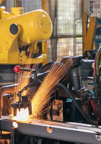 Industrial welding robot in a factory welding a metal frame, sparks flying from the weld.