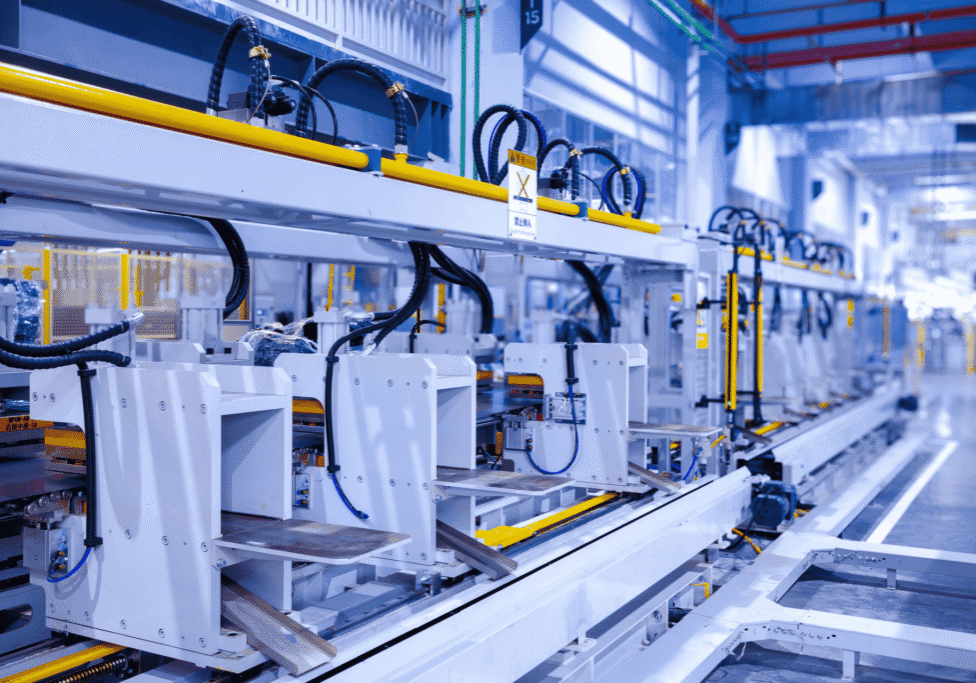 supplier of tec motors uk Automated manufacturing line with white machines, yellow safety rails, and black cables in a bright industrial facility